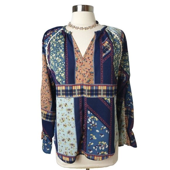 Women's Long Sleeve V-Neck Blouse Patchwork Print Dressy Top Large NWOT - Picture 4 of 7
